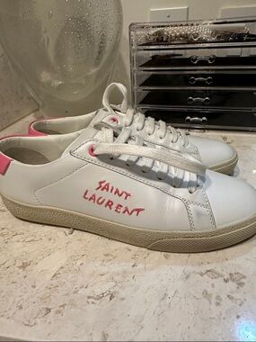 Saint Laurent White Leather Low-Top Sneakers with Pink Accents